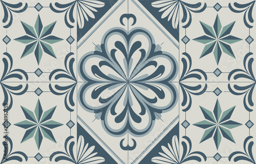 Colorful mosaic tile pattern with floral and geometric elements.