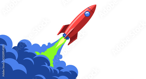 Tableau sur toile Red Rocket Launching into Space with Blue Smoke and Green Flames