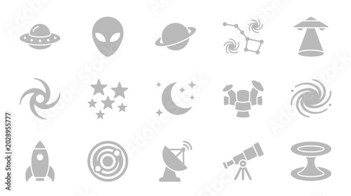 Quadro su tela Collection of flat icons representing space, astronomy, and science fiction elements