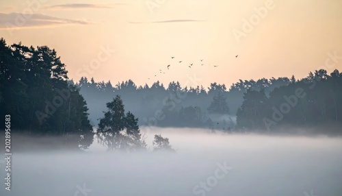Misty Forest Landscape Covered in Low Fog at Soft Sunrise