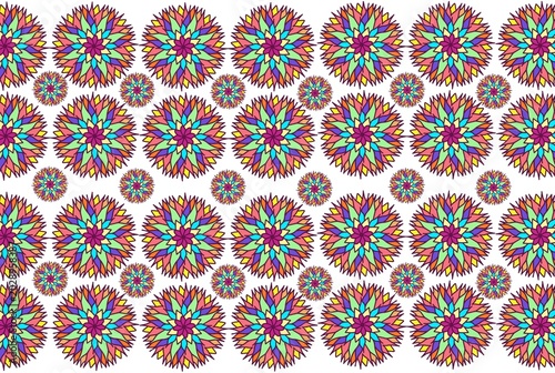 Vibrant multicolored geometric patterns of various sized circles arranged in rows on a white background with a mix of pink, blue, orange, and green hues.
