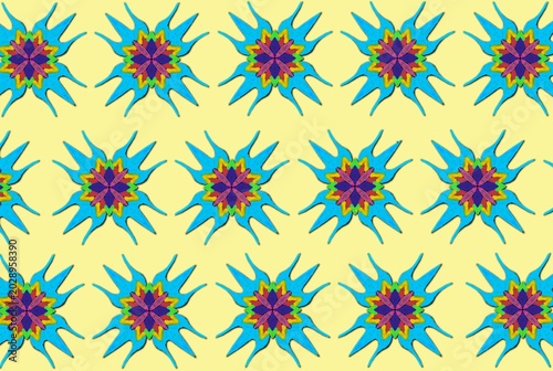 Vibrant floral pattern with blue, purple, and yellow flowers on a pale yellow background, featuring a repeating design of stylized blooms.