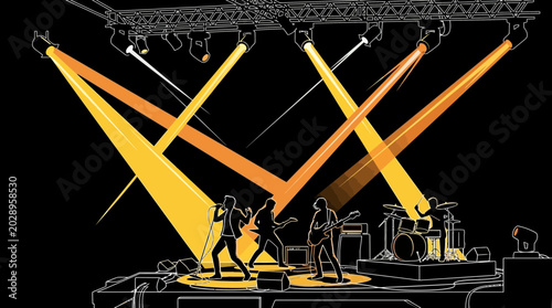 Foto A rock band performing on stage under bright spotlights.