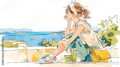 Plakat 広い海辺にたたずむ女性を描いた、余白を活かした手描き風イラスト作品、夏の旅や静かなひとり時間を表現した爽やかな人物素材、旅情素材、静けさ、水彩イラスト、手描き、女性、女の子、海、海辺、海岸、夏、夏休み、旅、旅行、観光、リゾート、帽子、ワンピース、バッグ、サンダル、後ろ姿、横顔、ひとり時間、休日、癒やし、風景、余白、シンプル、かわいい、上品、背景、挿絵、広告、ブログ、ポスター、ストック素材、商用利用