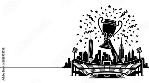 Obraz na płótnie Black and white silhouette of a championship trophy held in a stadium