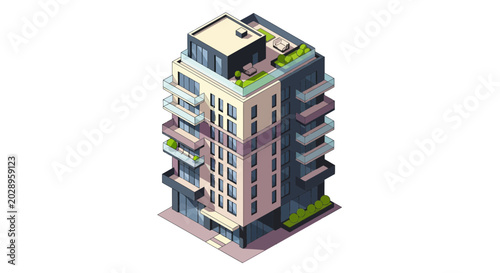 Isometric Modern Apartment Building with Roof Terrace