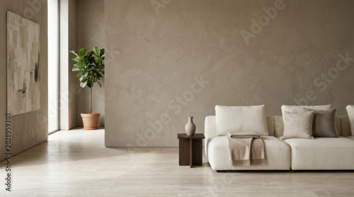 Modern interior beige sofa plant minimal calm scene