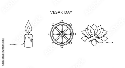 Tableau sur toile Vesak Day line art icons: candle, dharma wheel, lotus flower on white background