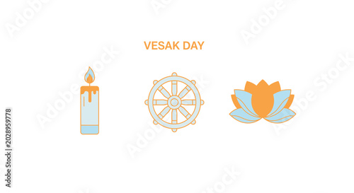 Canvas-taulu Vesak Day symbols: candle, dharma wheel, and lotus flower on a white background