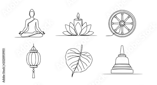 Foto Buddhist Symbols Line Art: Meditation, Lotus Candle, Dharma Wheel, Lantern, Bodh