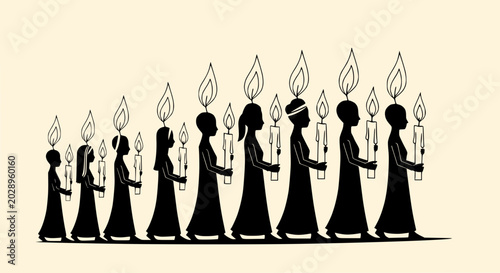Foto Procession of Silhouettes Holding Candles with Flames