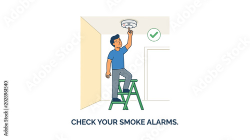 Obraz na płótnie Man checking smoke alarm on stepladder