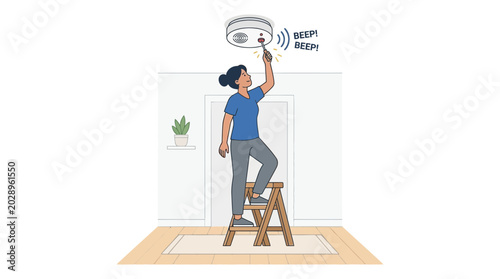 Schilderij op canvas Woman testing smoke detector on stepladder