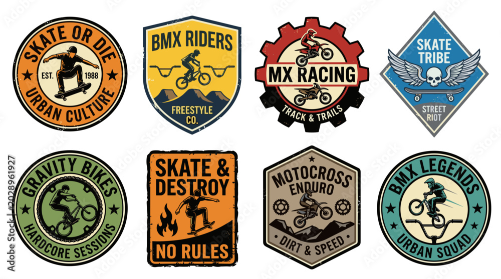 Fototapeta premium Collection of retro style badges and emblems for extreme sports like skateboarding and motocross