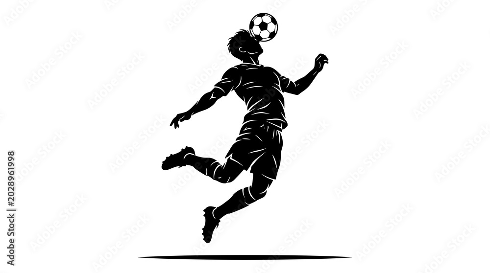 Fototapeta premium Silhouette of a soccer player heading the ball during a match on a white background