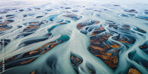 Aerial drone view of a braided river delta with turquoise water and brown earth islands aerial. photography from above stream network flowing water river. systems landscape photography drone shot.