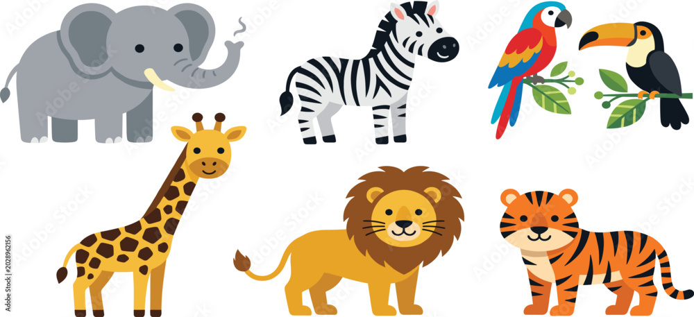 Obraz premium Cute safari and zoo animals set with zebra, elephant, lion, tiger, giraffe and birds, cartoon illustration