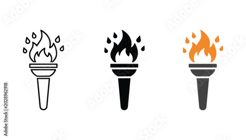 Konstfotografi Three variations of flaming torch icon featuring outline solid black and orange