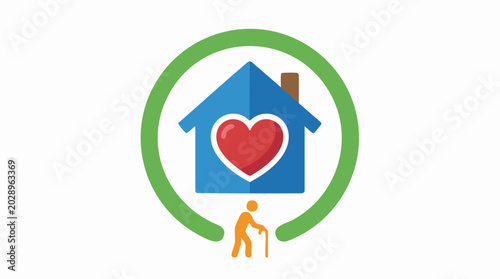 Elderly care home logo vector, senior living facility icon with heart and house, geriatric nursing service symbol for healthcare branding