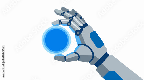 Robotic hand holding glowing blue sphere, futuristic cyborg arm with artificial intelligence core, mechanical android hand vector illustration