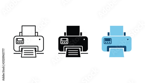 Schilderij op canvas Office printer icon set in line art solid black and flat blue color styles for d