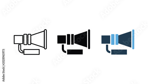 Foto Three variations of megaphone icon showing outline solid and bicolor design styl