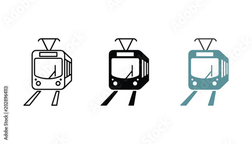 Photos Set of three modern tram or streetcar icons featuring public transportation vehi