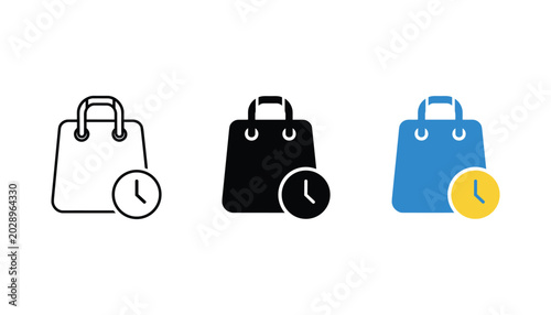 Obraz na plátně Shopping bag with clock icon set in outline solid and flat styles for e-commerce