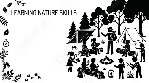 Картината върху платно Learning nature skills and camping group activity illustration.