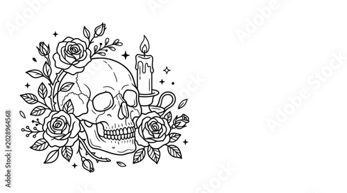 Bild auf Leinwand Hand drawn skull with roses and burning candle illustration.