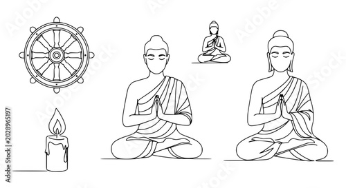 Fotografía Buddha Meditation, Dharma Wheel, Candle - Minimalist Line Art Vector Icons