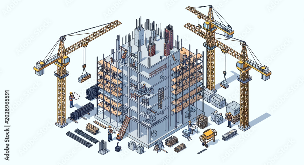 Fototapeta premium Isometric illustration of a modern construction site with building cranes.