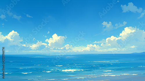 美しい海と空のアニメ水彩画風イラスト　AI生成画像