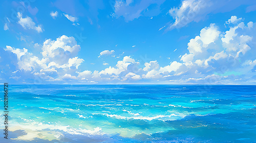 美しい海と空のアニメ水彩画風イラスト　AI生成画像