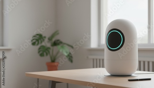Sleek AI Robotic Assistant Device on a Modern Desk in a Minimalist Room.
