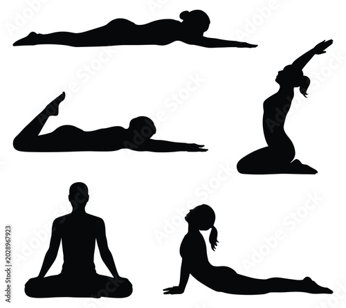 Yoga poses collection in black silhouette