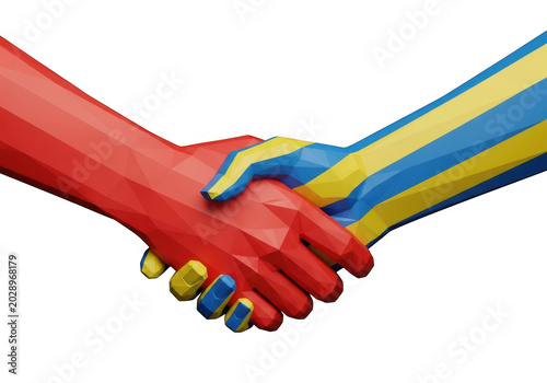 Handshake between two hands with contrasting colors and striped sleeves. isolated on transparent background