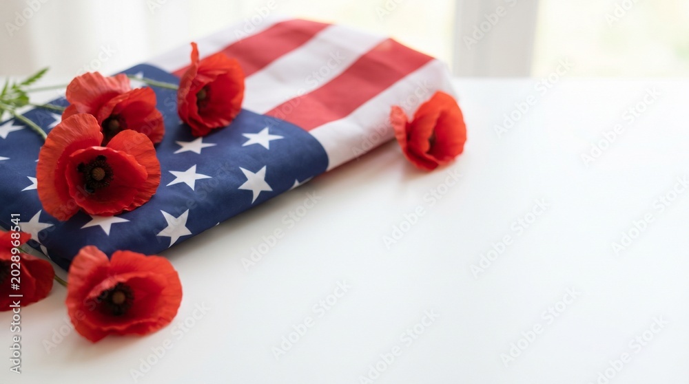 Obraz premium Memorial Day celebration with American flag and red poppy flowers on a white surface