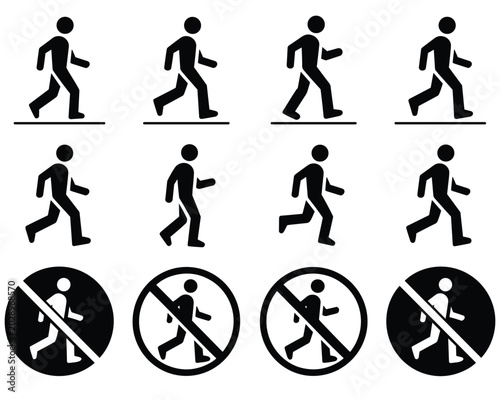 Running person icons and prohibition signs black silhouette