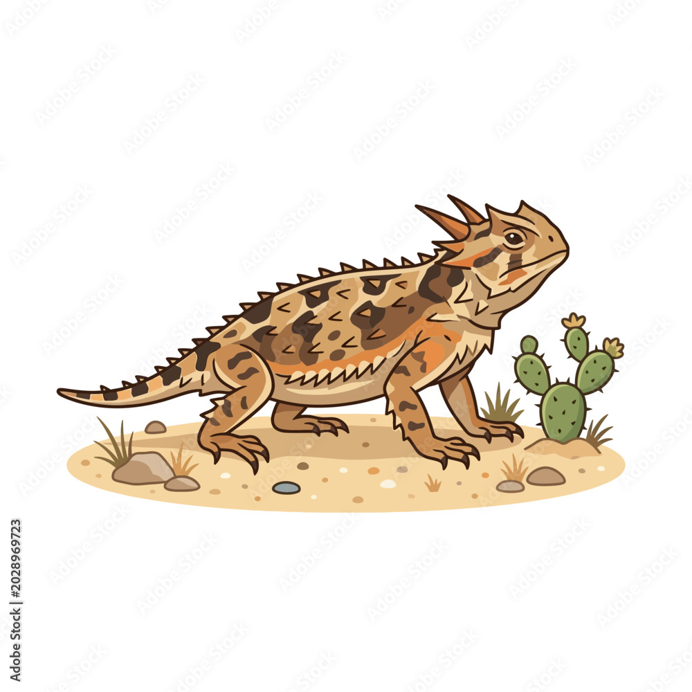 Fototapeta premium Desert horned lizard and cactus illustration