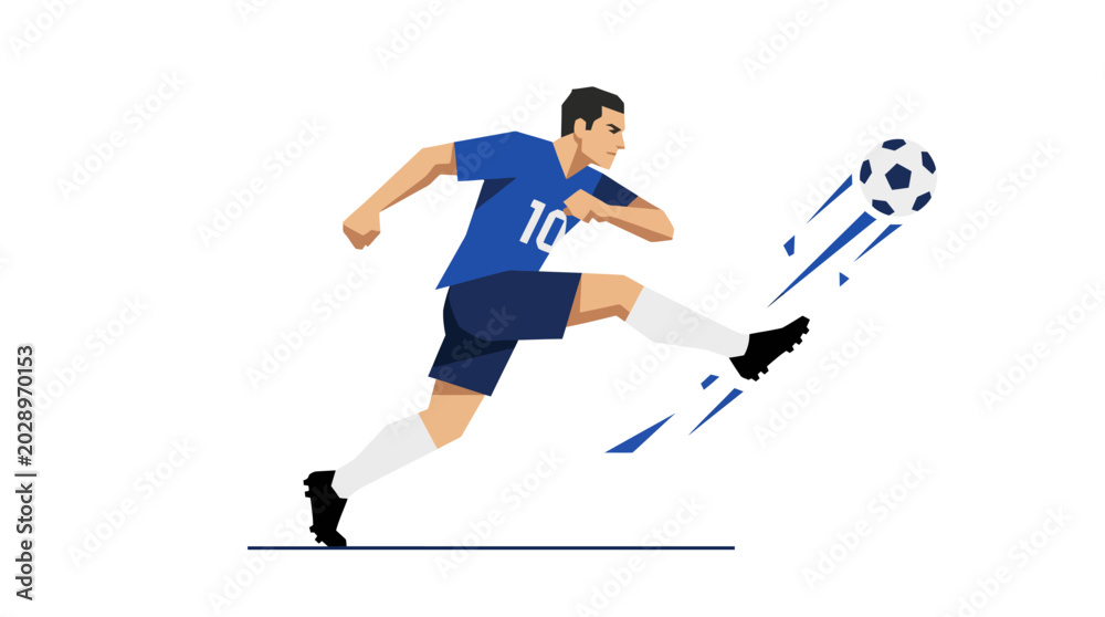 Fototapeta premium Soccer player in blue uniform kicking a ball in mid air