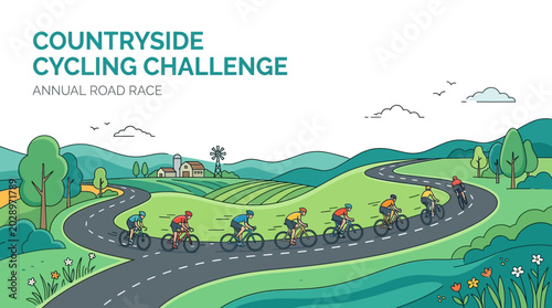 Group of professional cyclists racing on a scenic winding countryside road.