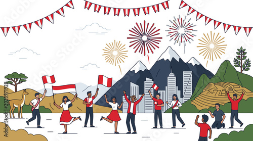 Bild auf Leinwand Group of diverse people celebrating with Peruvian flags.