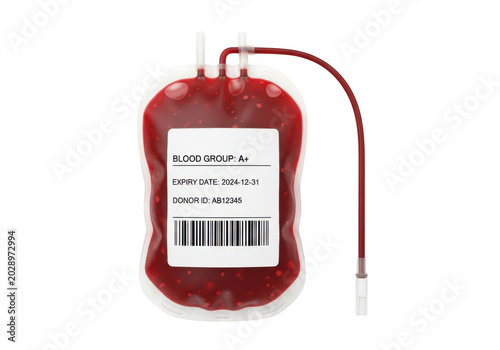 A blood bag with a barcode label and tube attached to it is visible. isolated on transparent background