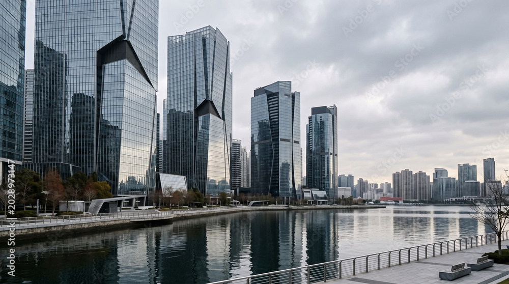 Obraz premium Glass waterfront towers rising beside calm harbor water with elegant metallic reflections