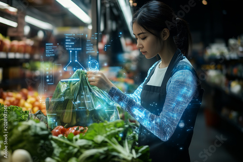 Young woman shopping for fresh food in futuristic supermarket. Healthy lifestyle, sustainable shopping 