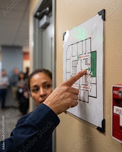 Emergency evacuation route map on wall with woman pointing to floor plan during fire drill for workplace safety training, emergency preparedness and office security