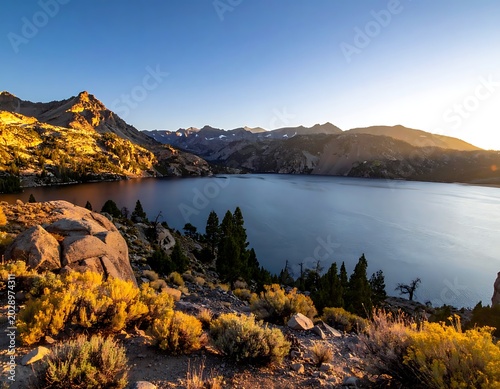 Serene mountain lake landscape with trees.