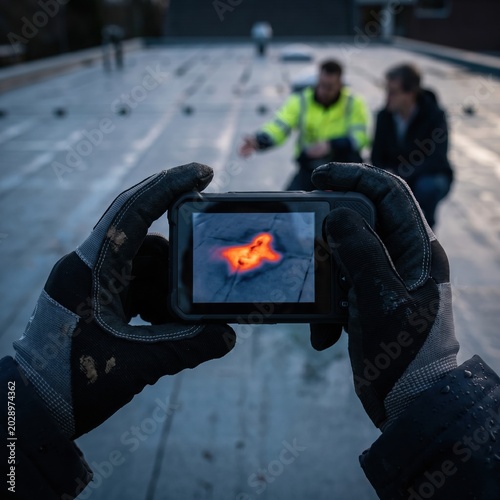 Gloved hands holding a thermal camera during a roof inspection for home energy audits, building maintenance and industrial leak detection services on a flat rooftop
