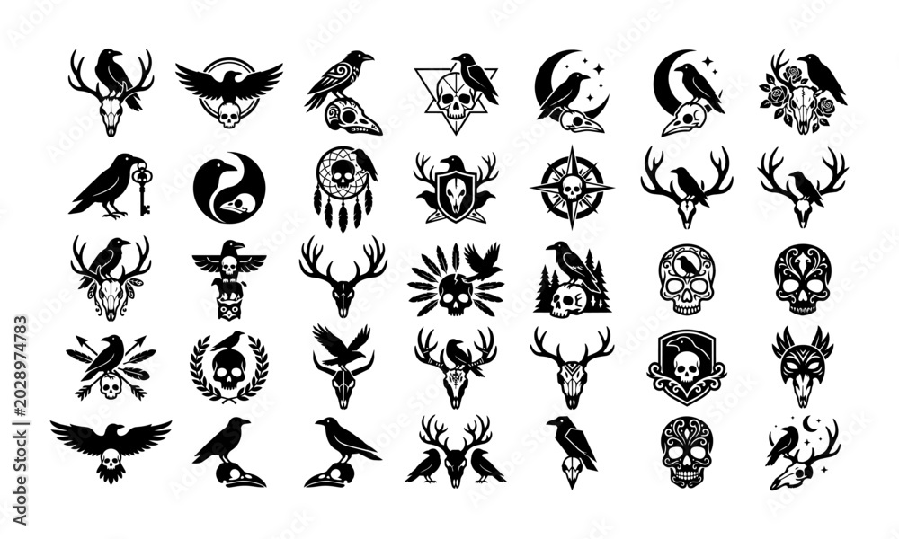 Fototapeta premium Raven Skull and Antler Dark Emblem Icon Set for Gothic Tattoo, Occult Branding, Folklore Symbolism and Alternative Art Design